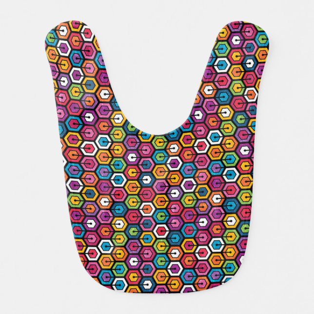 Colorful geometric pattern with hexagons baby bib (Front)