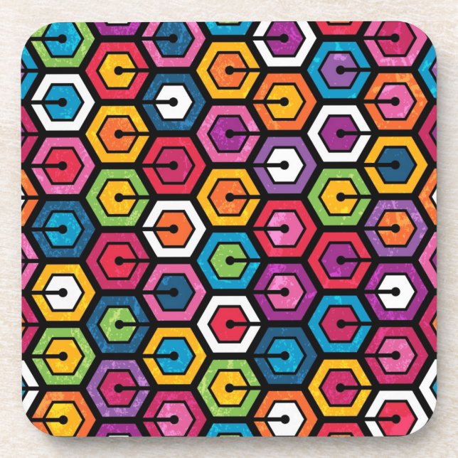 Colorful geometric pattern with hexagons beverage coaster (Front)