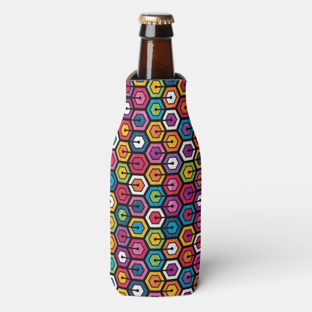 Colorful geometric pattern with hexagons bottle cooler (Bottle Front)