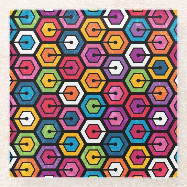 Colorful geometric pattern with hexagons glass coaster (Front)