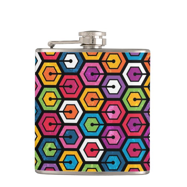 Colorful geometric pattern with hexagons hip flask (Front)