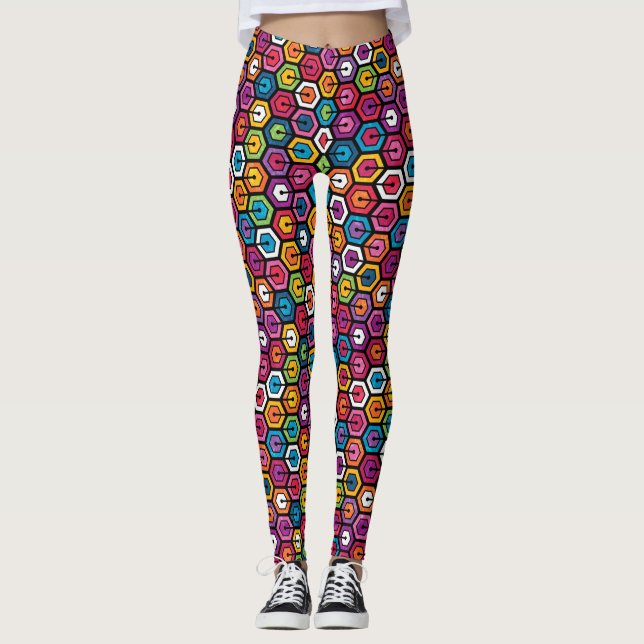 Colorful geometric pattern with hexagons leggings (Front)