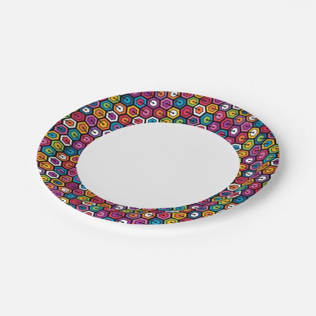 Colorful geometric pattern with hexagons paper plates (Angled)
