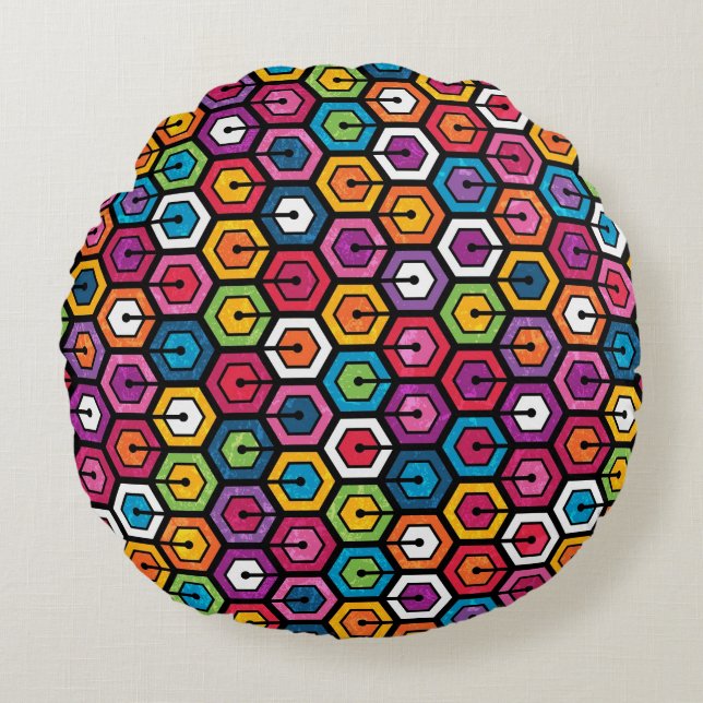Colorful geometric pattern with hexagons round pillow (Front)