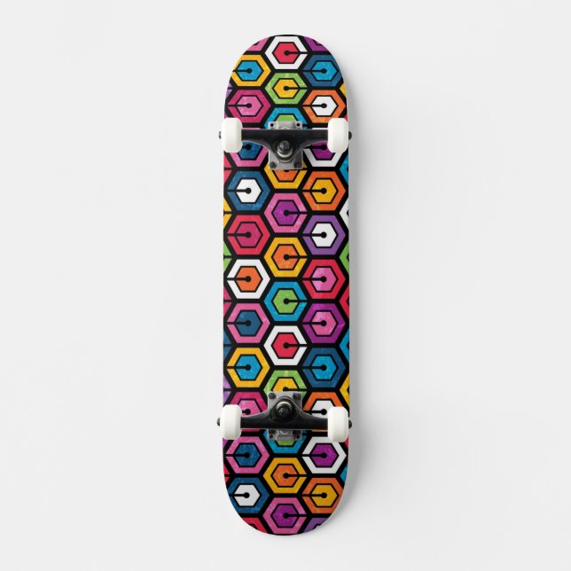 Colorful geometric pattern with hexagons skateboard (Front)