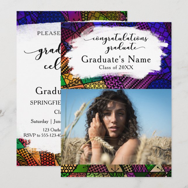 Colorful Geometric Patterns Graduation Photo Party Invitation (Front/Back)