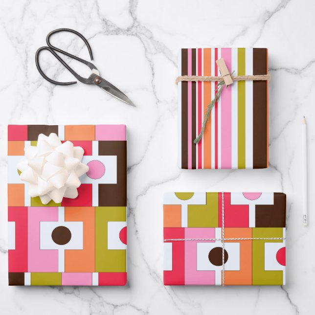 Colorful Geometric Patterns in Retro Pink  Wrapping Paper Sheets (Front)