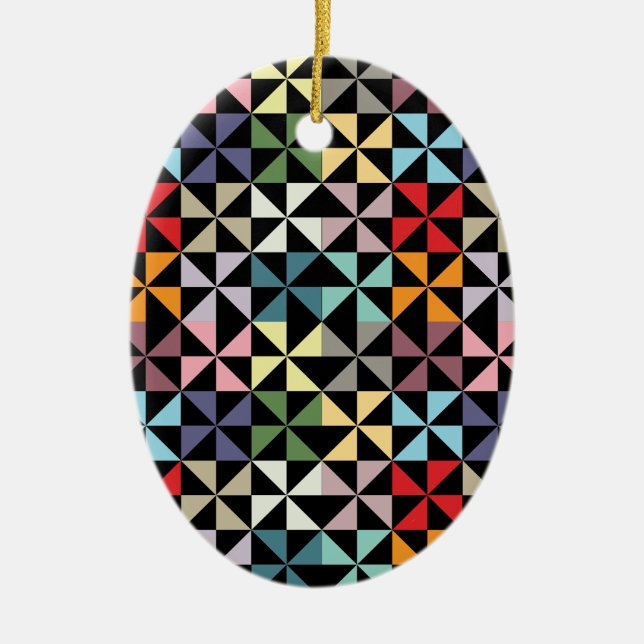 Colorful Geometric Pinwheel Black Ceramic Ornament (Front)