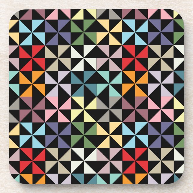 Colorful Geometric Pinwheel Black Drink Coaster (Front)