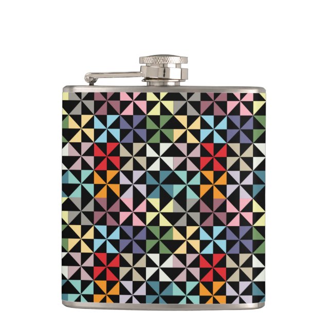 Colorful Geometric Pinwheel Black Hip Flask (Front)