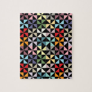 Colorful Geometric Pinwheel Black Jigsaw Puzzle