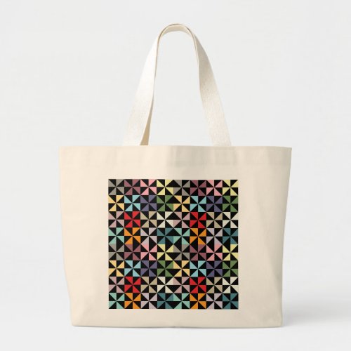 Colorful Geometric Pinwheel Black Large Tote Bag