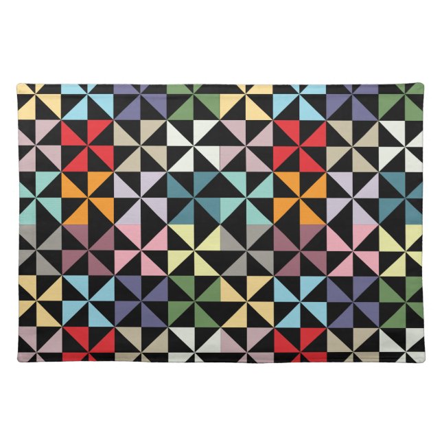 Colorful Geometric Pinwheel Black Placemat (Front)