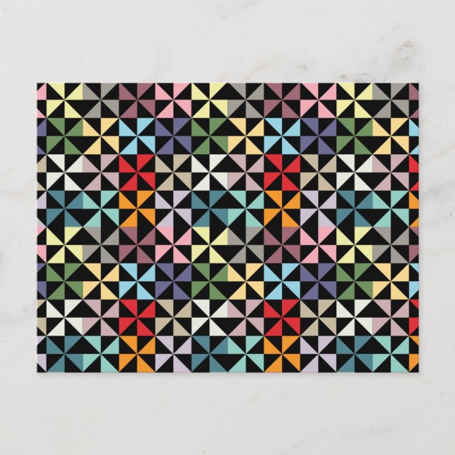 Colorful Geometric Pinwheel Black Postcard (Front)