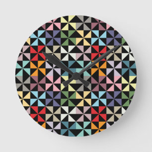 Colorful Geometric Pinwheel Black Round Clock