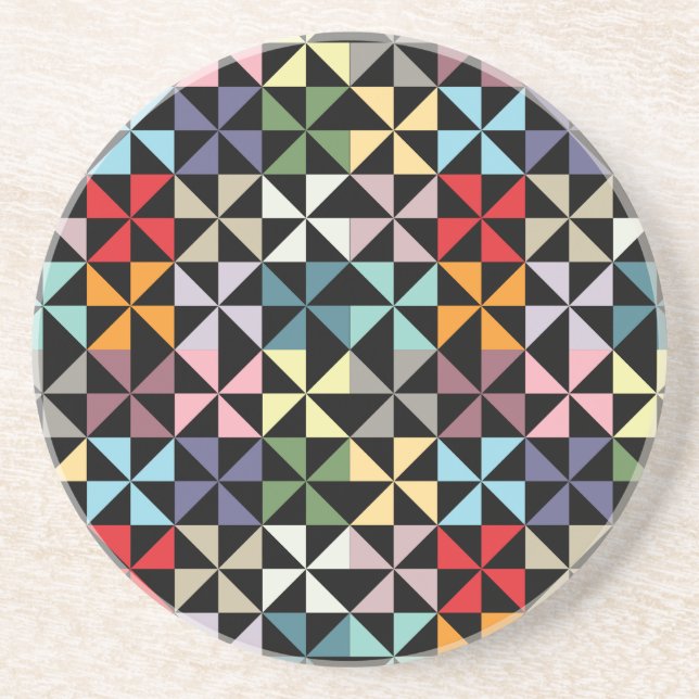 Colorful Geometric Pinwheel Black Sandstone Coaster (Front)