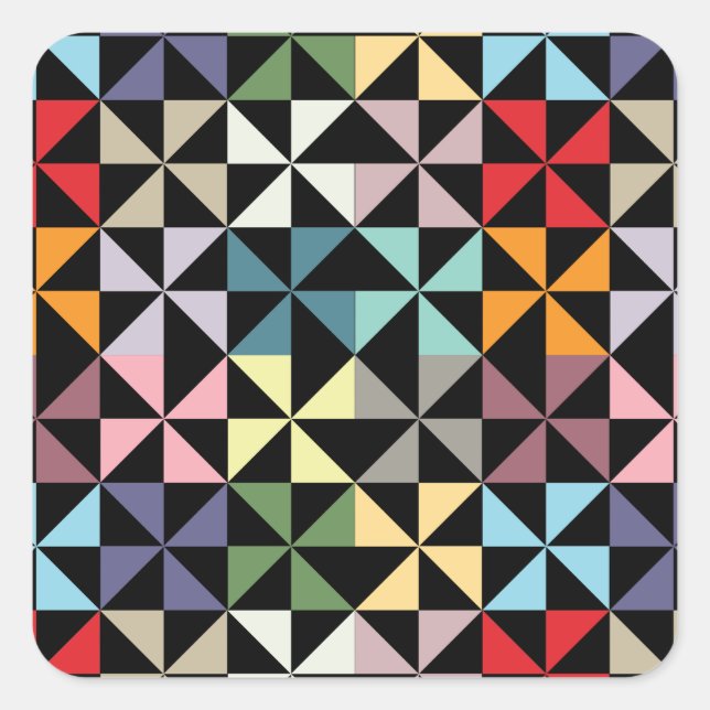 Colorful Geometric Pinwheel Black Square Sticker (Front)