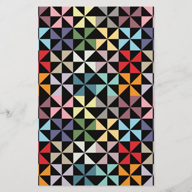 Colorful Geometric Pinwheel Black Stationery (Front)