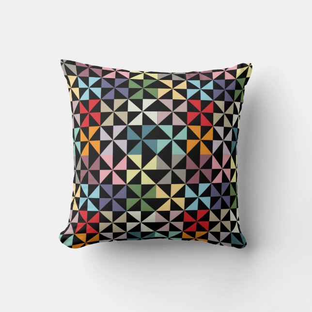 Colorful Geometric Pinwheel Black Throw Pillow (Front)