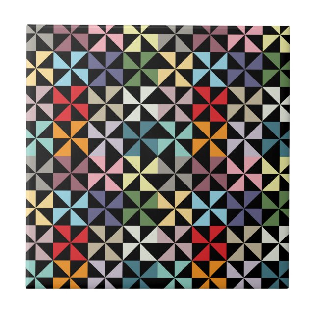 Colorful Geometric Pinwheel Black Tile (Front)