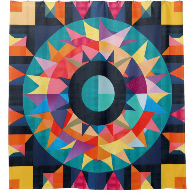 Colorful Geometric Quilt Pattern Shower Curtain (Front)