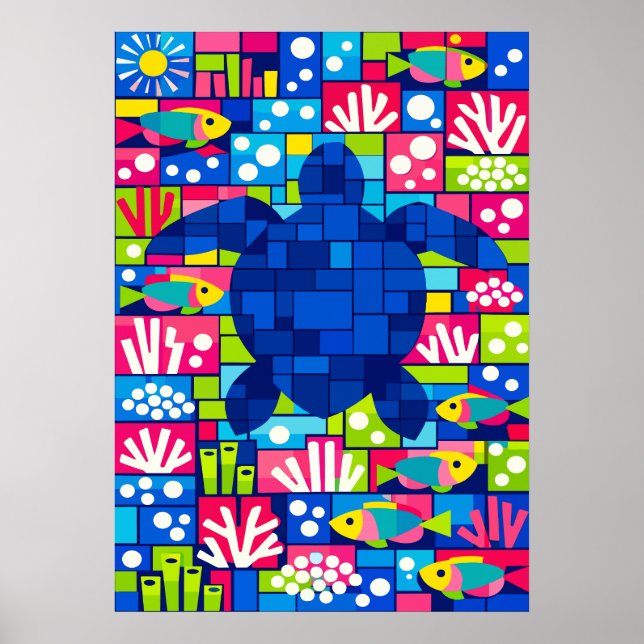 Colorful Geometric Sea Turtle Mosaic Poster (Front)