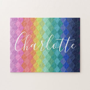 Colorful Geometric Shape Rainbow Personalized Name Jigsaw Puzzle