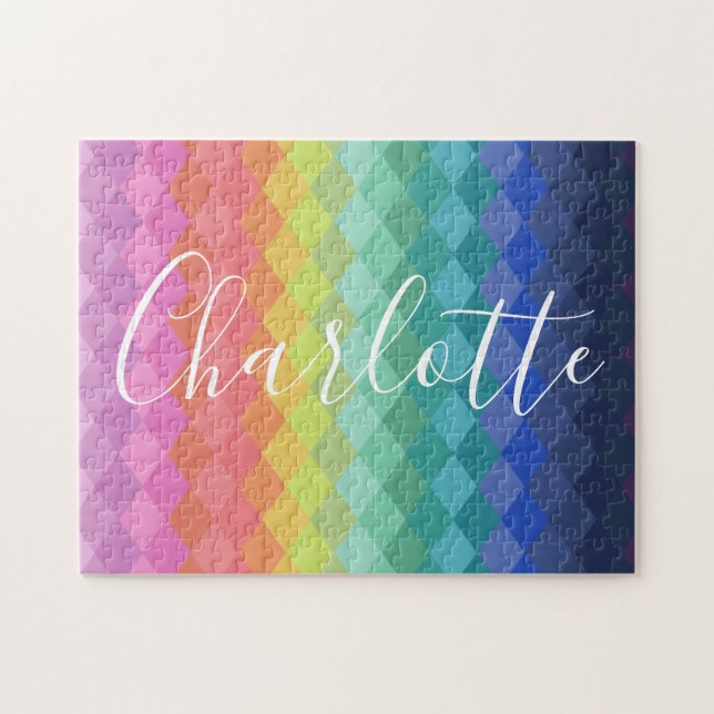 Colorful Geometric Shape Rainbow Personalized Name Jigsaw Puzzle (Horizontal)