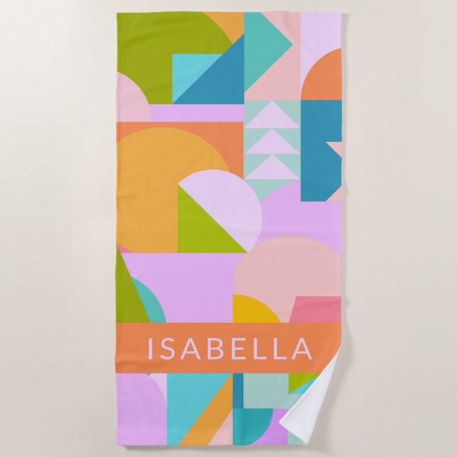Colorful Geometric Shapes Collage Personalized Beach Towel (Front)