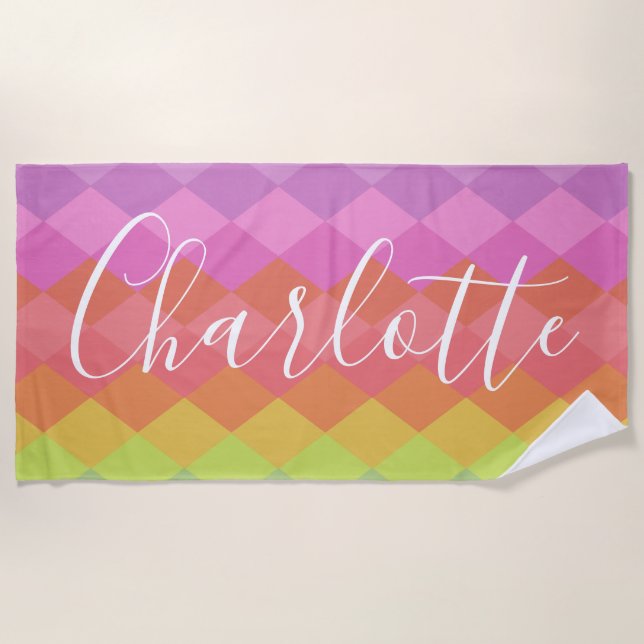 Colorful Geometric Shapes in Pink Personalized   Beach Towel (Front)
