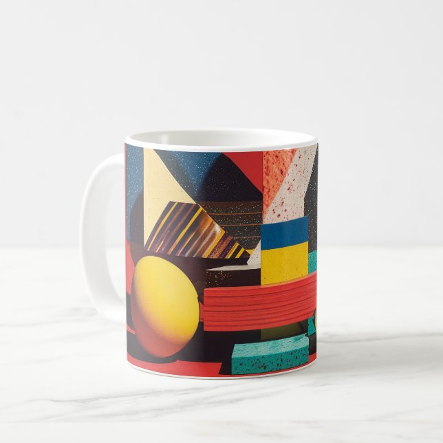 Colorful Geometric Shapes on Red Background Coffee Mug (Front Left)