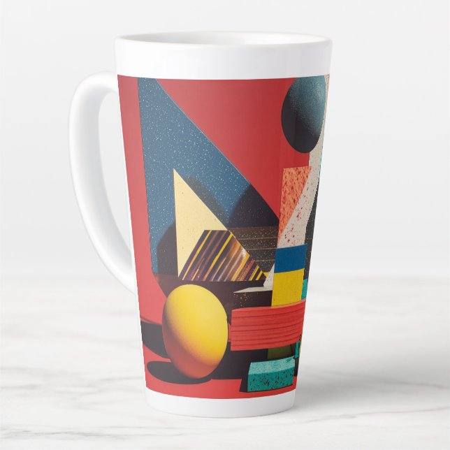 Colorful Geometric Shapes on Red Background Latte Mug (Left Angle)