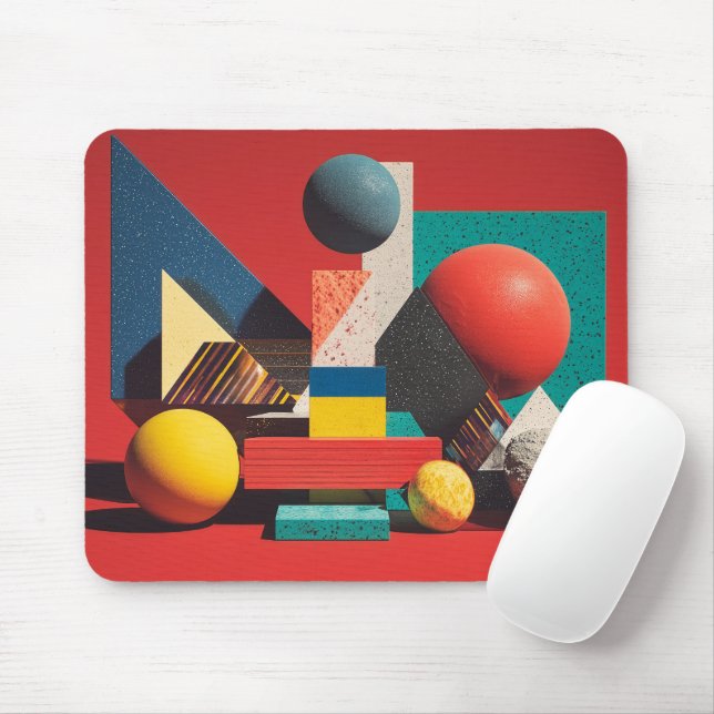 Colorful Geometric Shapes on Red Background Mouse Pad (With Mouse)