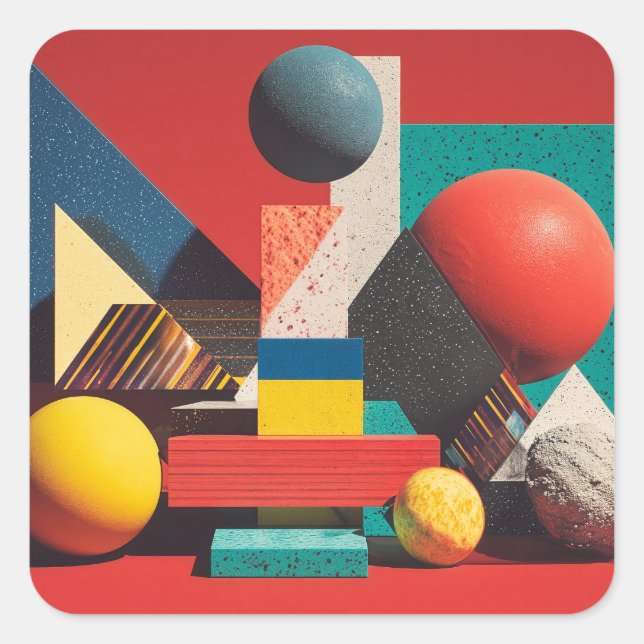 Colorful Geometric Shapes on Red Background Square Sticker (Front)