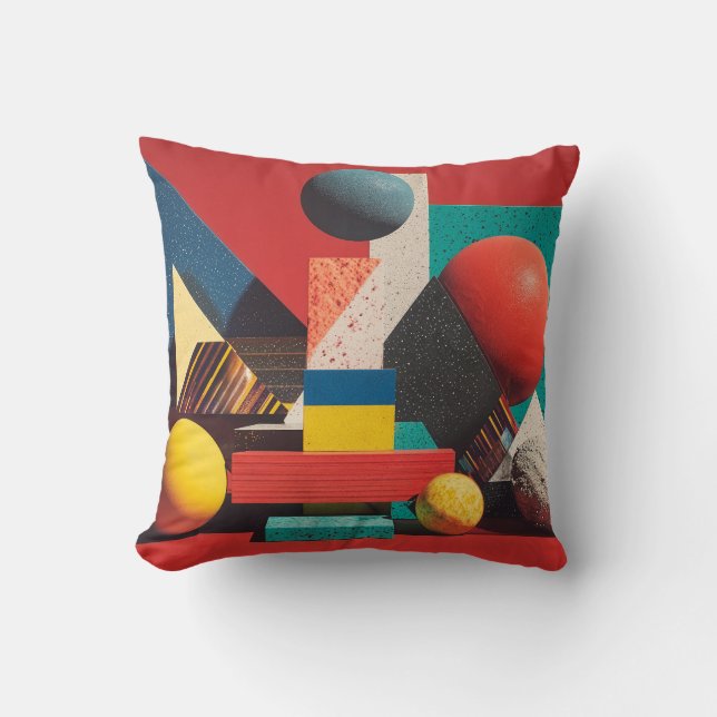 Colorful Geometric Shapes on Red Background Throw Pillow (Front)