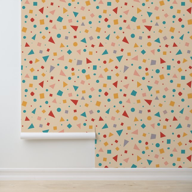 Colorful Geometric Shapes Pattern on Beige Wallpaper (Application)
