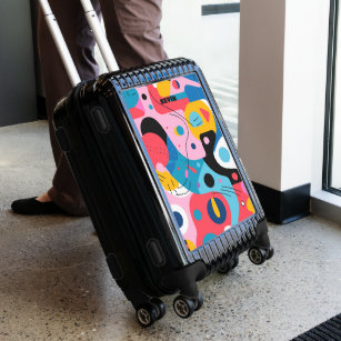 Colorful geometric shapes whimsical figures luggage