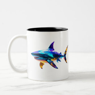 "Colorful Geometric Shark – Vibrant Polygon Art Se Two-Tone Coffee Mug