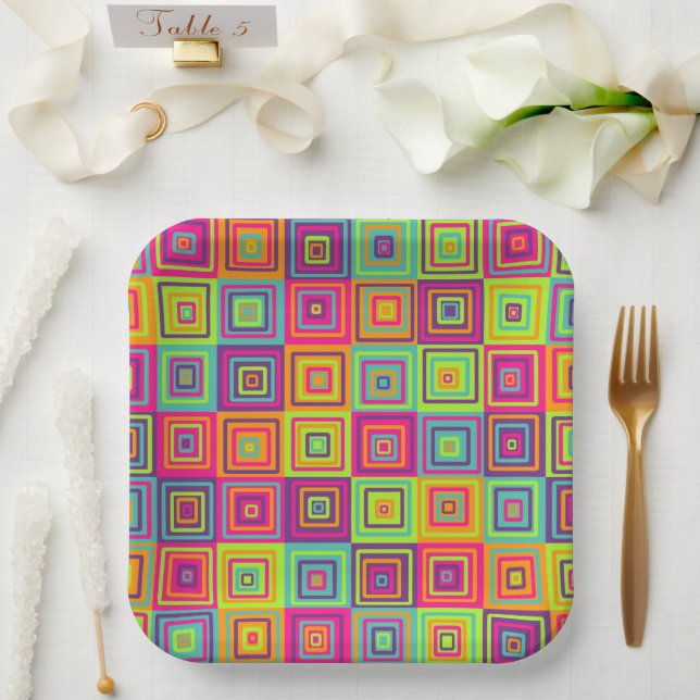 Colorful Geometric Squares Paper Plates (Wedding)