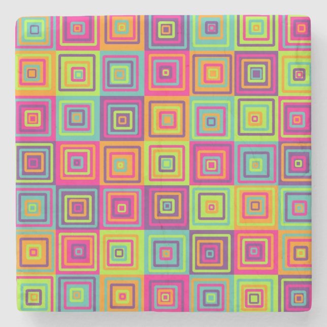 Colorful Geometric Squares Pattern Stone Coaster (Front)
