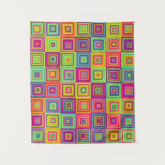 Colorful Geometric Squares Pattern Tapestry (Front)