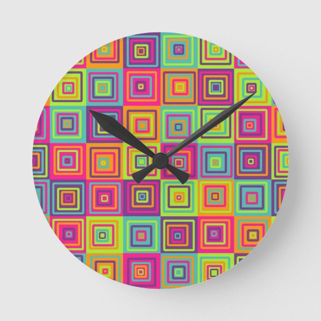 Colorful Geometric Squares Round Clock (Front)