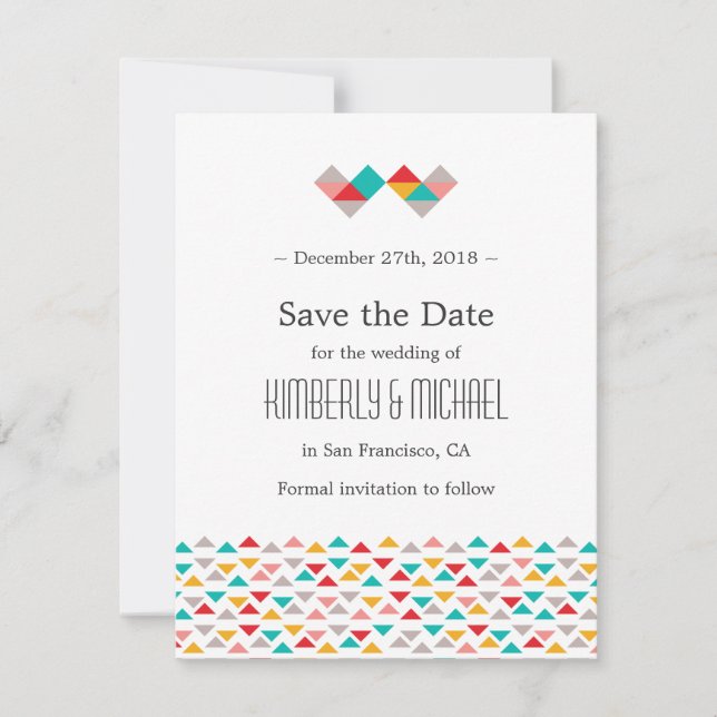 Colorful Geometric Triangle Hearts Save the Date (Front)