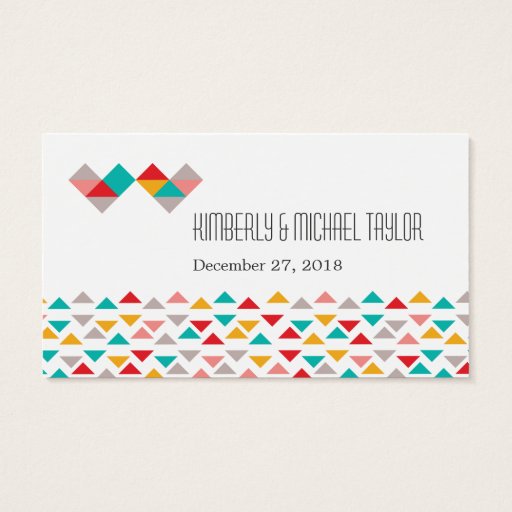 Customizable Colorful Geometric Triangle Hearts Wedding Business Card