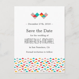 Colorful Geometric Triangle Hearts Wedding Announcement Postcard