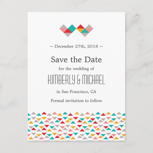 Colorful Geometric Triangle Hearts Wedding Announcement Postcard (Front)