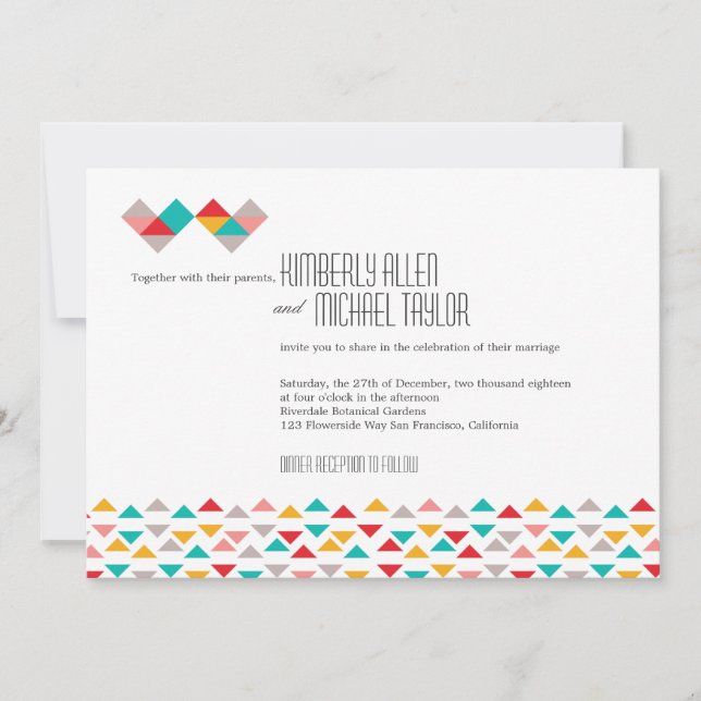 Colorful Geometric Triangle Hearts Wedding Invitation (Front)
