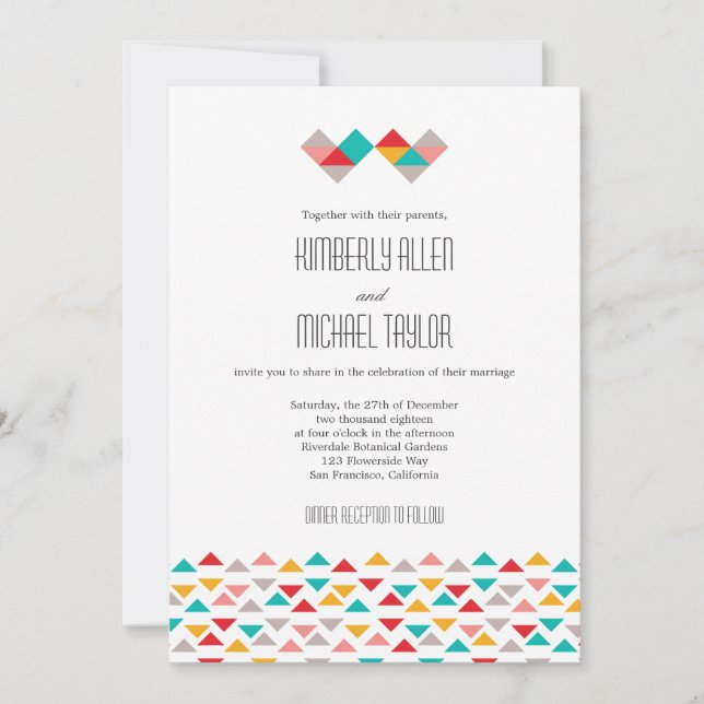 Colorful Geometric Triangle Hearts Wedding Invitation (Front)