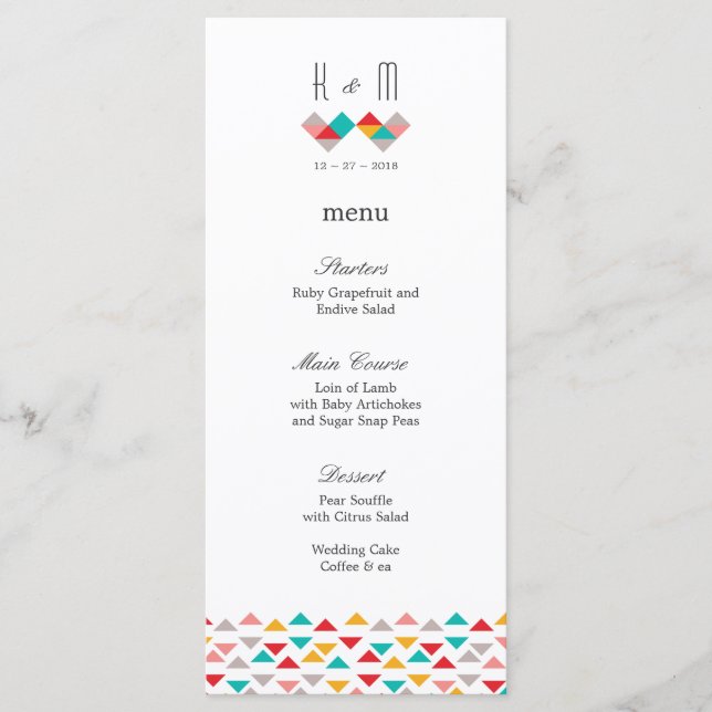 Colorful Geometric Triangle Hearts Wedding Menu (Front)