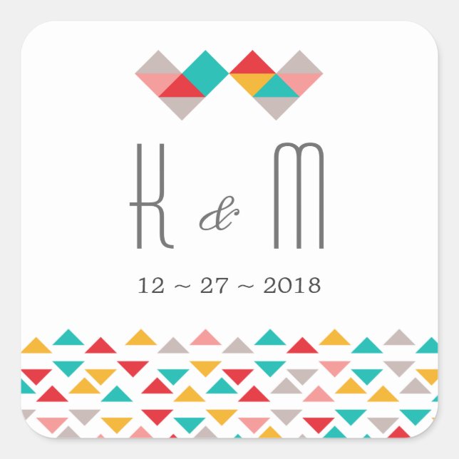 Colorful Geometric Triangle Hearts Wedding Square Sticker (Front)